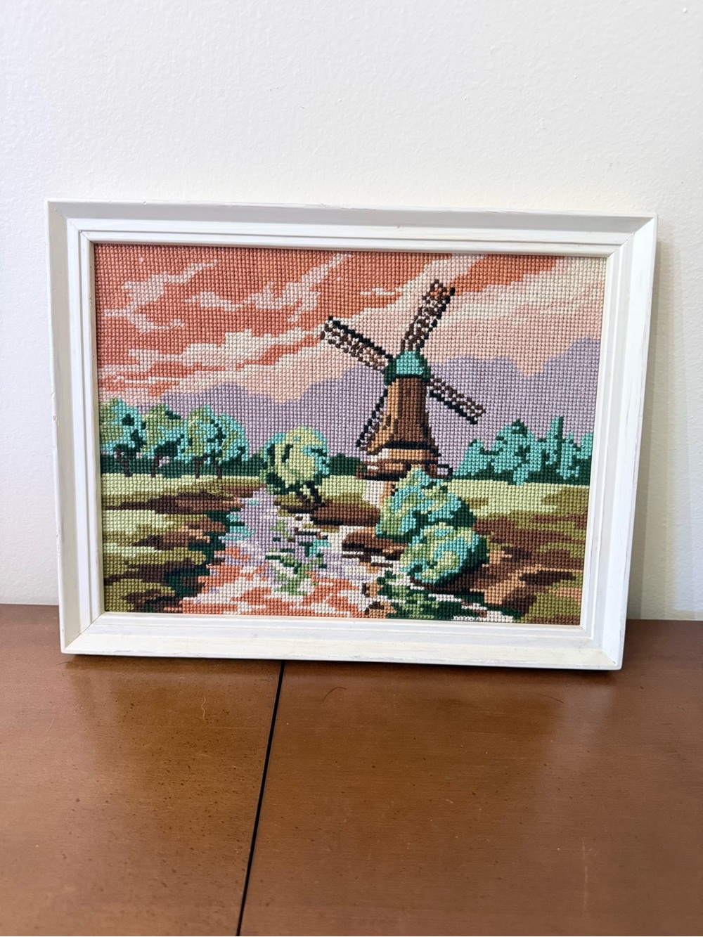 Vintage Handmade Dutch Windmill Landscape Needlepoint Framed Sun Set 13x10